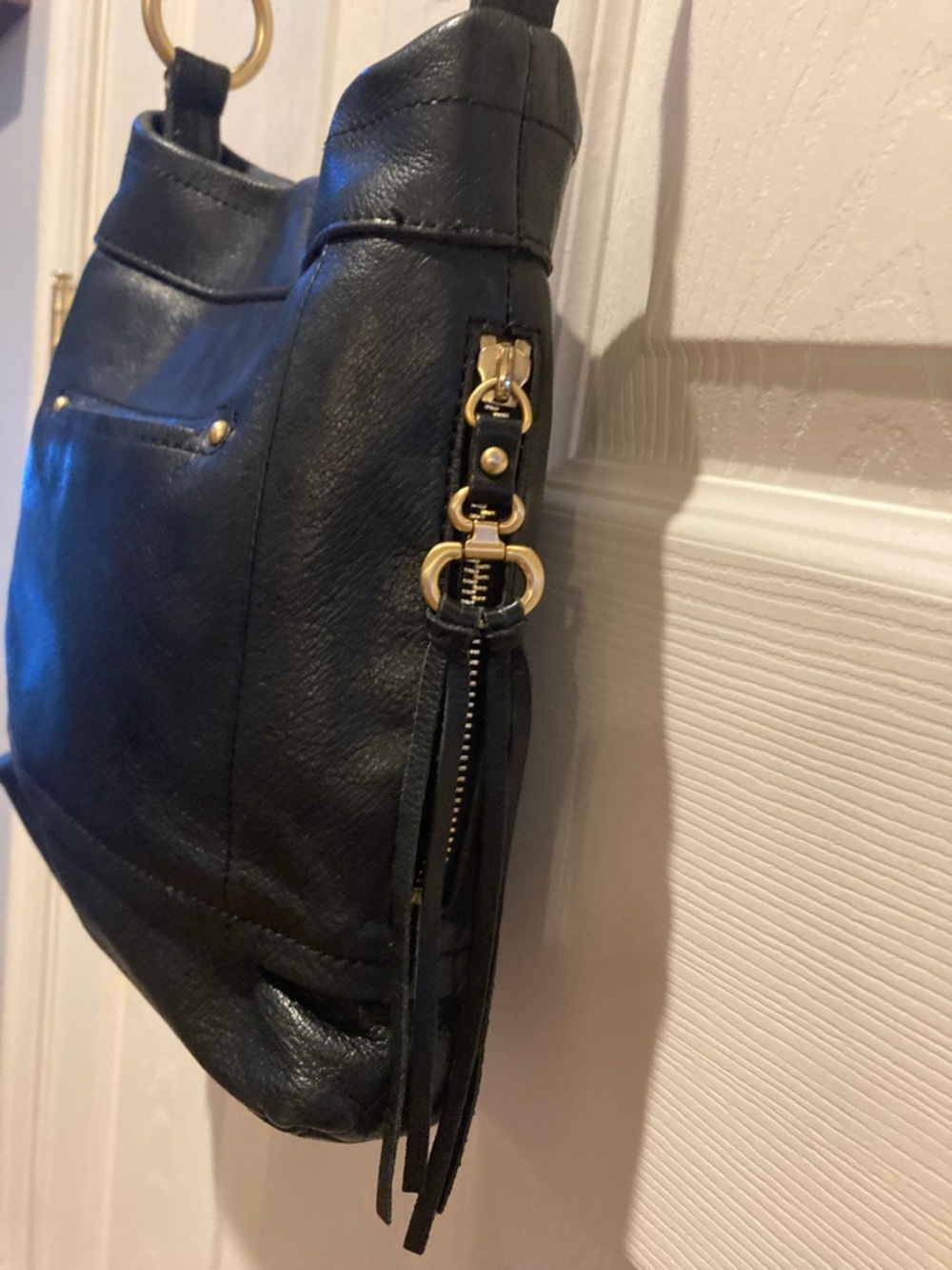 Rebecca Minkoff Black Fringe Leather Shoulder Bag Gold Detail Festival Crossbody - Picture 6 of 10